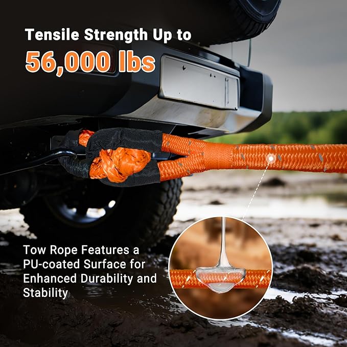 Kinetic Recovery Tow Rope 7/8" x 30ft Tow Strap 48500lbs Snatch Strap with 2Pcs Soft Shackles 56000lbs Break Strength Heavy Duty Kinetic Towing Rope for Truck ATV UTV Offroad Recovery Rope Kit