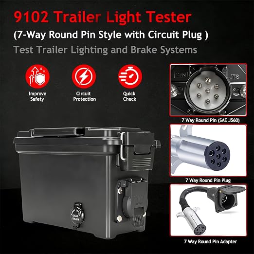 9102 Trailer Light Tester Box,Test Trailer Lighting and Brake Systems | 7 way round pin,(SAE J560),heavy duty,semi trailer light tester,RV,Trailer Wiring Tester,Avoid Blown Fuses