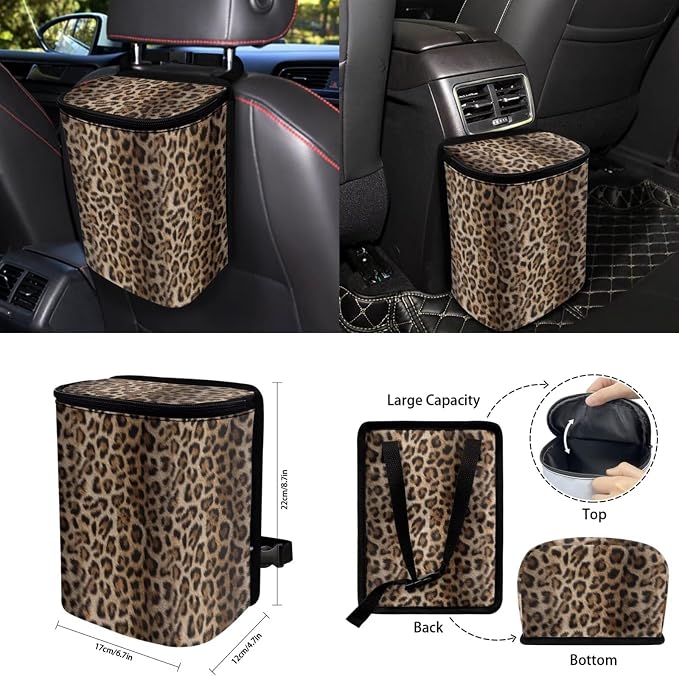 15 Pcs Brown Leopard Car Seat Cover Full Set for Women with Steering Wheel Cover Seat Belt Cover Trash Bin Front Rear View Mirror Car Cup Holder Keychain
