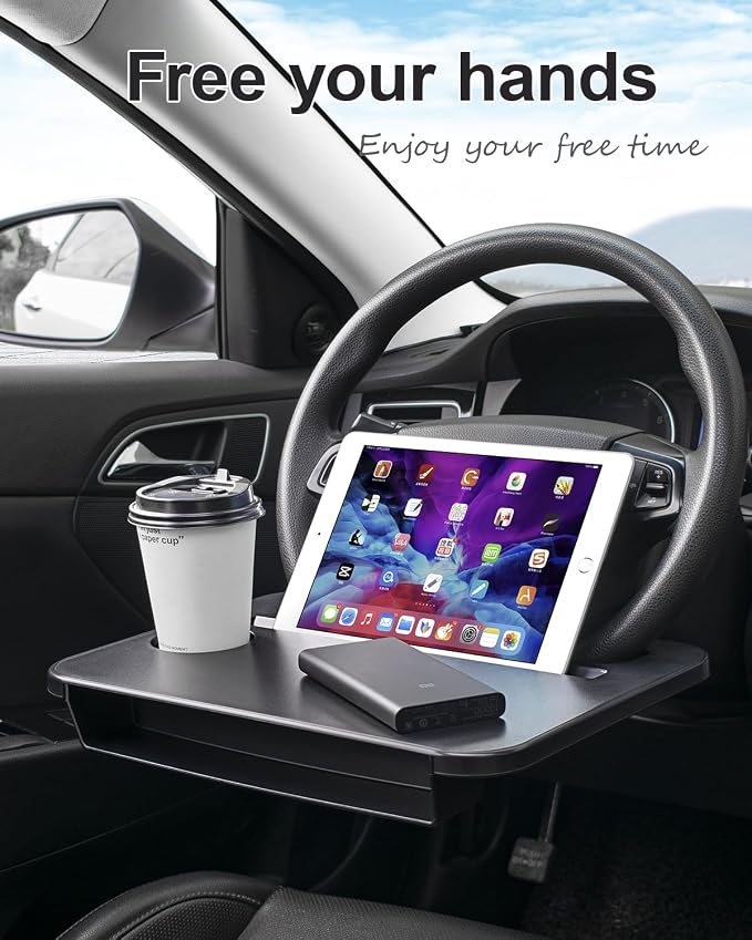 Double-use Steering Wheel Tray & Car Seat Gap Filler Organizer & Centre Console Storage Box,Car Desk/TableTray for Laptop, Eating & Work (【Integrated】 2-in-1)