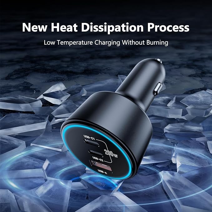 ROADRESS 200W Super Fast Car Charger for iPhone 16/15 Pro Max, 3-Port USB C Car Charger Adapter with 2×100W USB C to C Cables, PD3.0/QC4.0, 12V-24V Vehicle Compatible, LED Light & Overheat Protection