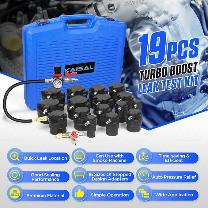 Turbo Boost Leak Tester Kit 19PC Boost Leak Test Kit w/S.moke Adpt Turbo System Pressure Leakage Tester 8 Pairs of Stepped Adapters 1-1/5" to 4-8/25" Turbo Test Kit for Radiator Cooling Emission Pipes