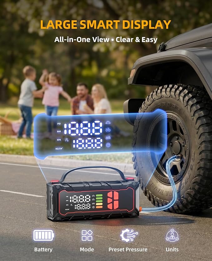 5000A Car Battery Jump Starter with Air Compressor 160PSI, Car Battery Charger 7.0L Gas/6.0L Diesel, Jumper Box for Car Battery with Tire Inflator & Power Bank& Jumper Cables