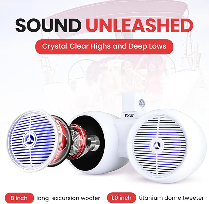Pyle Dual Waterproof Off-Road Speakers - 8" 300W 2-Way Marine Wakeboard Tower Sound System w/LED Light, Full Range Outdoor Stereo Speaker for Car, ATV, UTV, Jeep, Boat, Includes Brackets (White)