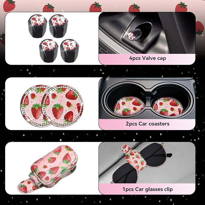 23 Pcs Leopard Print Car Accessories,Including License Plate Frame,Rearview Mirror Decoration,Etc,Suitable for Sedan,SUV and Other,Cute Car Interior Set for Women (Pink Strawberry)