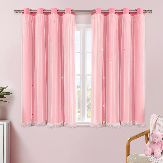 XiDi Pink Curtains with Sheer Overlay for Girls Bedroom 2 Panels Blackout Double Layer Curtains 63 Inches Length for Kids Princess Nursery Room Star Cut Out Home Decor Grommet Window Drapes W52 X L63