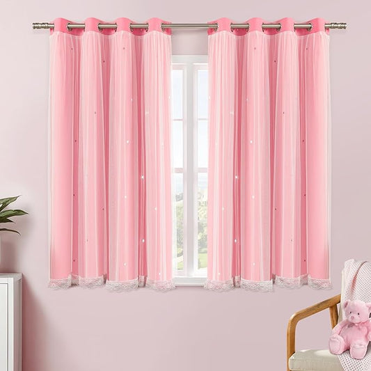 XiDi Pink Curtains with Sheer Overlay for Girls Bedroom 2 Panels Blackout Double Layer Curtains 63 Inches Length for Kids Princess Nursery Room Star Cut Out Home Decor Grommet Window Drapes W52 X L63