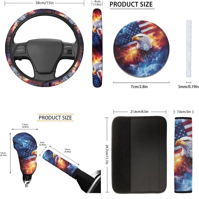 Tupalatus 9 Pcs American Flag Eagle Car Seat Covers Full Set Stretchable Steering Wheel Cover Seat Belt Pads Cover Coasters Gear Shift Hoodie Handbrake Cover Automotive Decor Accessories