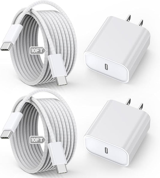 10FT Apple iPhone 17 16 15 Charger, 2-Pack Extra Long 10Foot USB C to Type C Charging Woven Cable Cord 20W USB C Charger Block Cube Super Quick Charging for iPhone 17 16 15 Pro/Plus/ProMax,iPadPro/Air