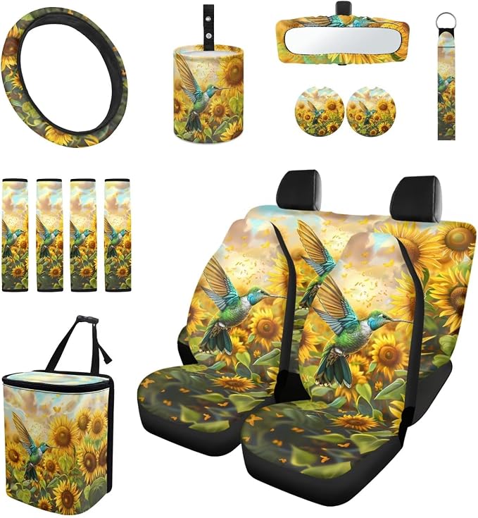 Sunflower Hummingbird 15 PCS Car Seat Cover Set with Auto Steering Wheel Cover Seat Belt Strap Protector Cup Holder Trash Bag Rear View Mirror Protector Keychain