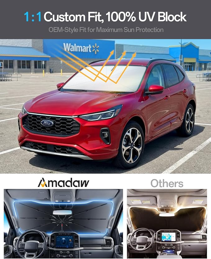 Windshield Sun Shade for Ford Escape/Mustang Mach-E 2001–2026, Foldable Umbrella Sunshade with 100% UV Block, Multi-Layer Heat Insulation, Reinforced 10-Rib Frame, Keeps Car Cooler