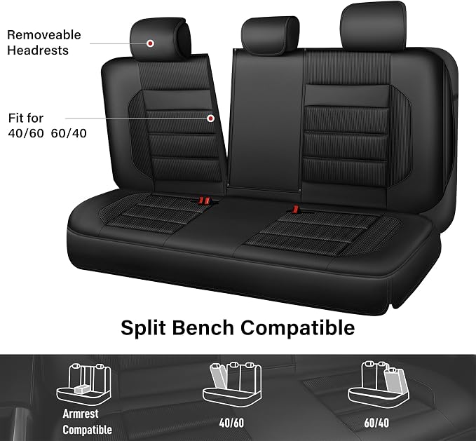 CAR PASS Memory Foam Car Seat Covers, Bench Seat Covers with 3D Thick Memory Foam, Luxury Breathable Airy Cool Rear Seat Covers, Automotive Comfort for Most Cars, Van,Trucks, SUVs(Rear,Black)