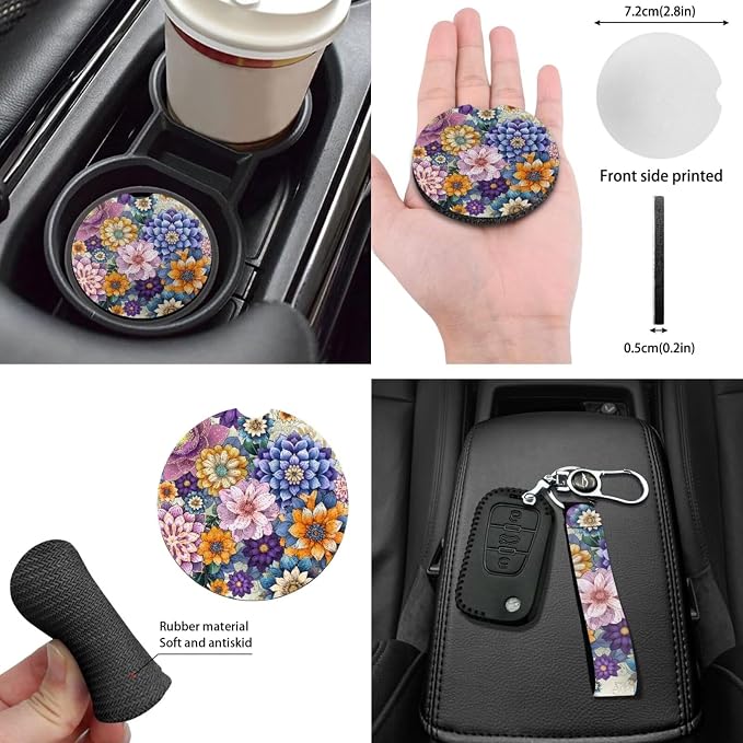 Hippie Car Seat Covers for Women Bright Blossom Flower Auto Seat Covers for front Back,Universal Fit Steering Wheel Cover Safety Seatbelt Keychain Coaster Mirror Cover,Automotive Interior Sets
