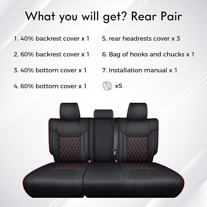 Huidasource for Toyota Tundra Rear Seat Cover, Nappa Leather Truck Rear Seat Cover, 360° Full-Coverage Toyota Rear Seat Covers 2014-2021 CrewMax, Compatible with Armrest Airbags (Back Row/Black＆Red)