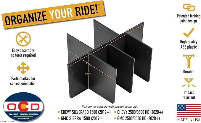 Vehicle OCD - Center Console Divider and Tray Organizer for Chevy Silverado 1500 / GMC Sierra 1500 (2019-2021) and 2500/3500 HD (2020-2023) (Full Console w/Bucket Seats ONLY) - Made in USA