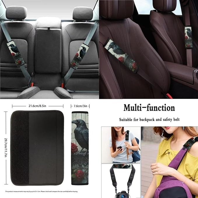 Suobstales Raven Rose Print Car Seat Cover for Women Full Set SUV Interior Accessories Front/Back Bench Bucket Seat Cover, Steering Wheel Cover, Seat Belt Cover, Cup Holder Coasters, Keychain