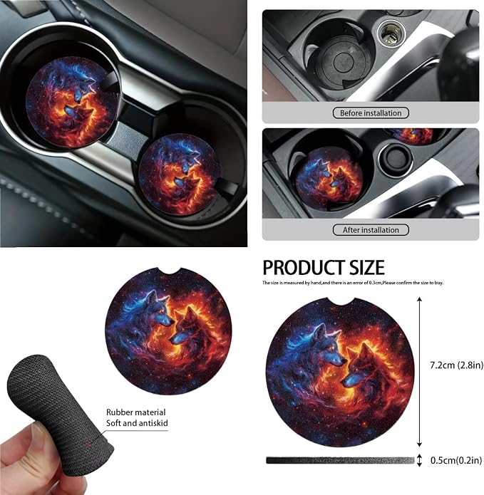Fire Wolf Galaxy Print Car Seat Cover Sets Car Steering Wheel Cover Seat Belt Cover Trash Bin Air Vent Storage Box Front Rear View Mirror Car Cup Holder Keychain 15Pcs Car Accessories