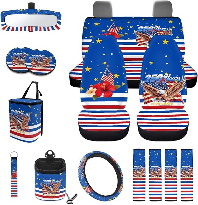 Wanyint Car Seat Cover Set 15 PCS, with Steering Wheel Seat Belt Rearview Mirror Cover Garbage Cans Air Vent Pouch Coasters Keychain US 250th Anniversary Auto Decor, American Flag Hibiscus Eagle