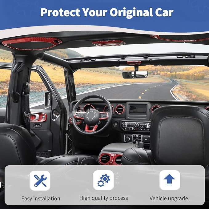 RT-TCZ for Wrangler JL Interior Trim Kit Compatible with Jeep Wrangler JL JLU Gladiator JT 2018-2023 Red Carbon Fiber Interior Accessories 23pcs