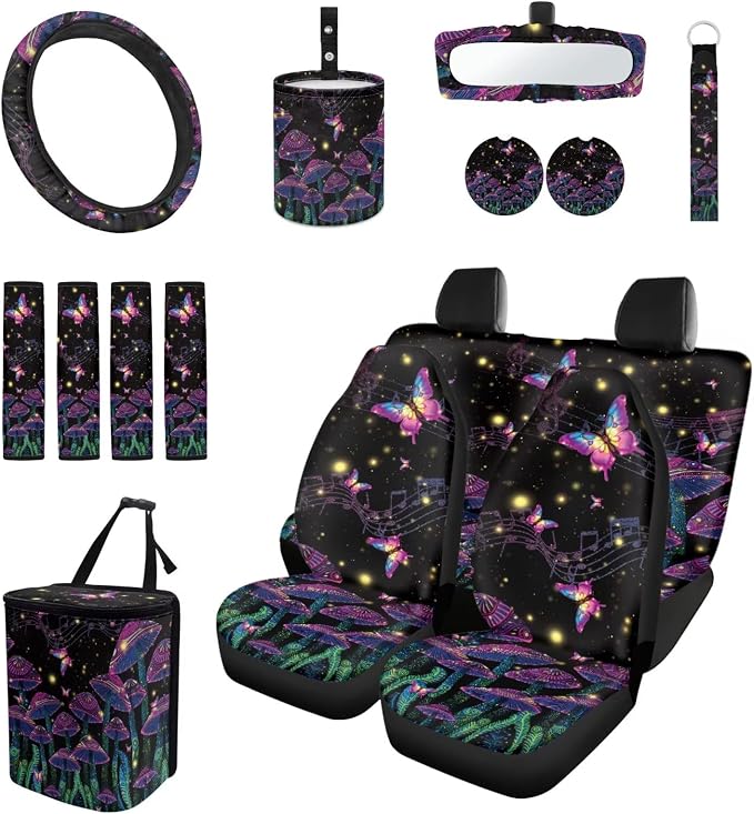 15 Pcs Glitter Rose Butterfly Car Seat Covers Full Set for Women Goth Car Accessories Interior Car Steering Wheel Cover Seatbelt Covers Trash Bin Rear View Mirror Cover Cup Holders Keychain
