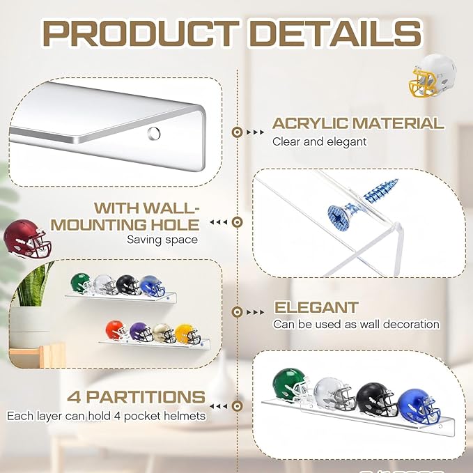 Colingmill Wall Mount Pocket Size Helmet Display Racks 9.84 x 3.15 x 1.06 Inches Acrylic Pocket Size Football Helmet Display Racks 16 Team for Collecting Game Helmets