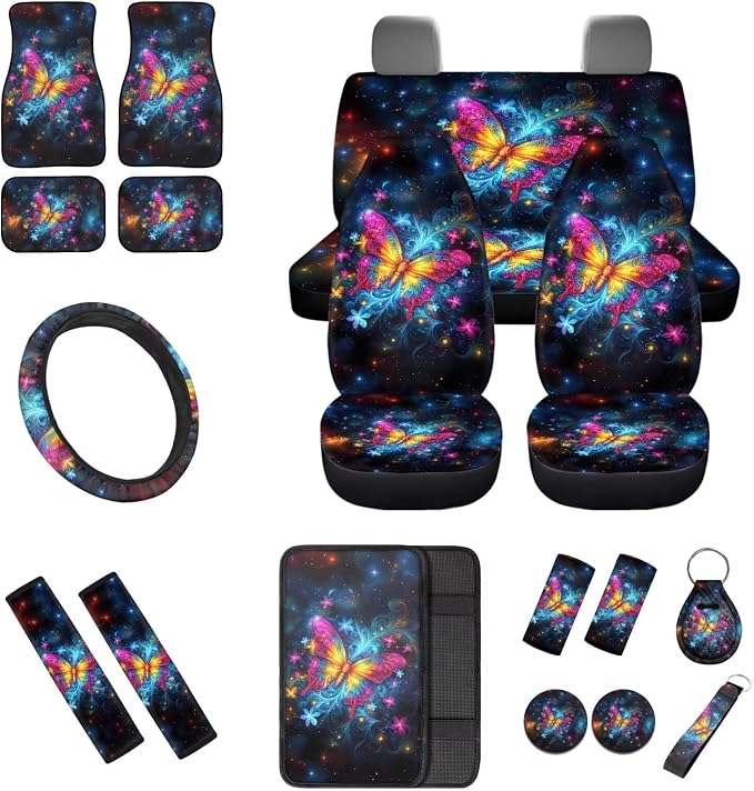 18 Pcs Colorful Butterfly Car Interior Accessories Set for Women, Car Seat Covers with Steering Wheel Cover Floor Mats Seat Belt Pads Armrest Pad Roof Handle Wraps Cup Coasters Keychains