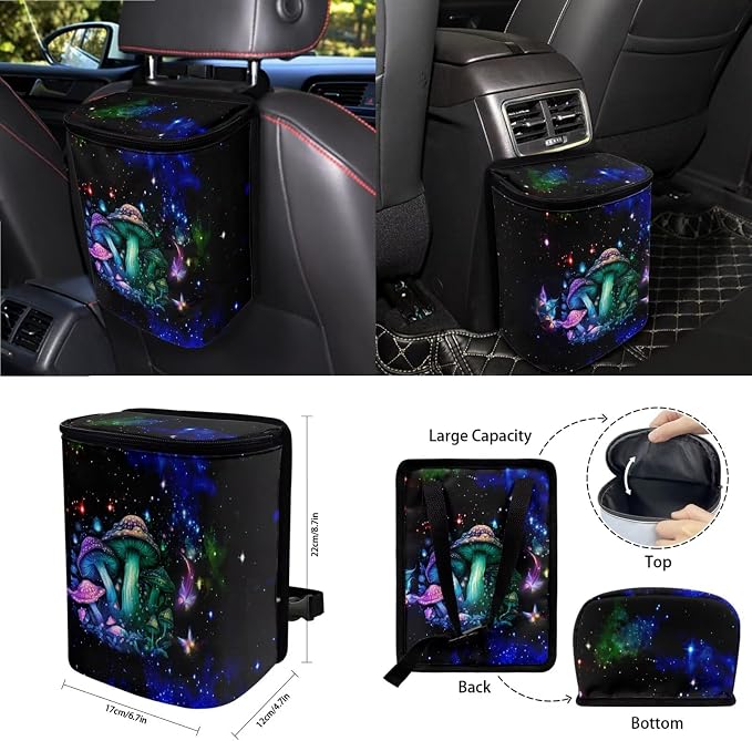 Mushroom Butterfly Galaxy Print Auto Interior Sets of 15, Front Rear Car Seat Covers Steering Wheel Cover Trash Can Seat Belt Pad Mirror Cover Keychain Air Vent Storage Bag Coasters
