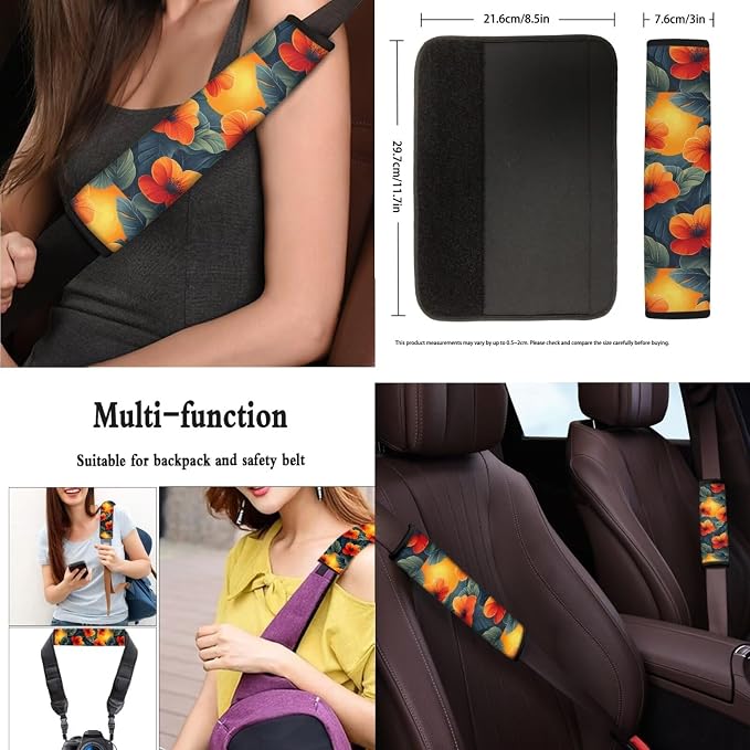 13 PCS Hawaii Hibiscus Flower Car Seat Covers, Orange Red Jasmine Flowers Car Steering Wheel Cover Cup Mats, Cineraria Floral Vehicle Keyring Headrest Cover Universal