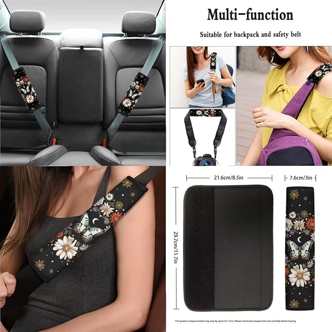 Car Accessories Car Seat Covers Full Set with Steering Wheel Covers+Seat Belt Pads+Coasters+Keychain+Lipstick Holder Universal Fit(13 Pack), Butterfly and Daisy Flowers Pattern