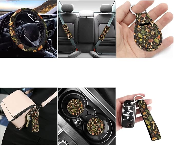 12 Piece Forest Mushroom Auto Seat Covers+Elastic Steering Wheel Cover/Shoulder Seatbelt Pad/Coasters/Hand Wrist Keychain/Lipstick Holders Sleeve Vehicle Protectors Accessories