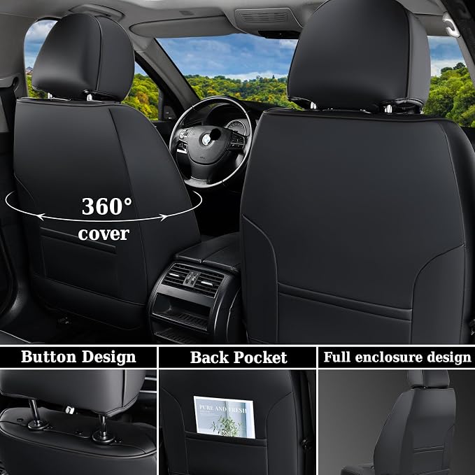 Coverado Car Seat Covers Full Set, Nappa Leather Seat Covers for Cars, Waterproof Automotive Car Seat Covers Interior Accessories Universal Fit Most Sedans, SUVs, Pick-up Trucks (Black)