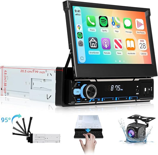 4G+64G Android Single Din Flip Out Car Stereo with Wireless Carplay Android Auto, Sellrich 7" Single Din Flip Out Touchscreen Radio with BT 5.0 GPS WiFi DSP FM/RDS USB/AUX/Type-C SWC Backup Camera