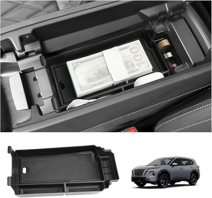 LUWU 2025 2026 Rogue Center Console Organizer for 2021 2022 2023 2024 2025 2026 N issan Rogue Accessories Armrest Console Storage Box Insert Tray ABS Material Black-trim