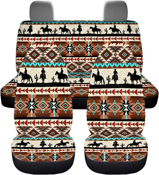 Dreaweet Aztec Car Seat Covers Full Set Western Cowboy Pattern Car Accessories for Men,Universal Steering Wheel Cover/Center Console Cover/Seatbelt Covers/Coasters/Gear Shift Cover and Handbrake Cover