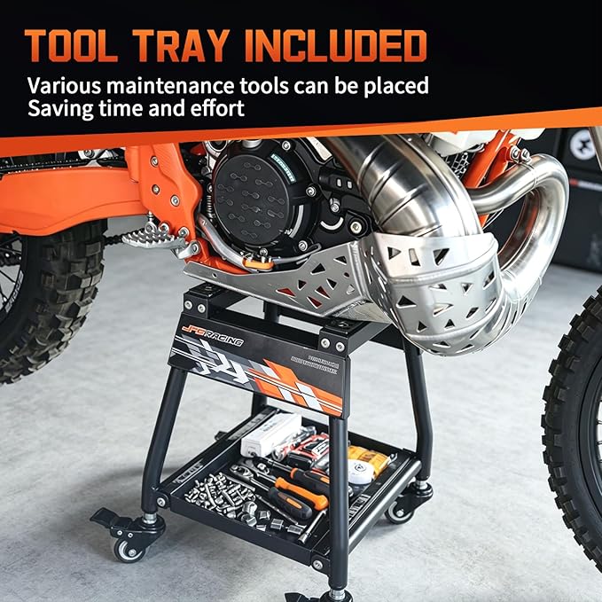 JFG RACING Dirt Bike Stand Detachable Dirt Bike Maintenance Stand Movable Pit Bike Stand with Wheels and Tool Tray
