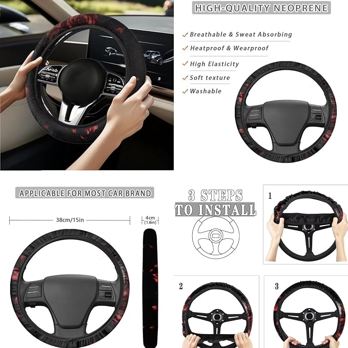 Black Red Skull Rose Car Seat Covers Full Set 15 Pcs Universal Car Accessories Steering Wheel Cover Seat Belt Pads Garbage Bag Car Headrest Pillow Covers Armrest Pad
