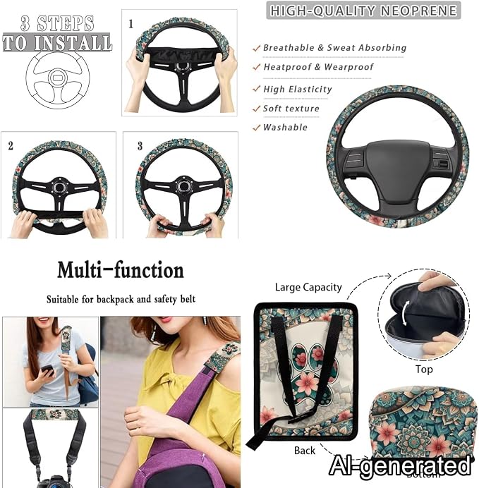 Dreaweet Dog Paw Car Seat Covers Full Set for Women Boho Car Accessories Steering Wheel Cover Seat Belt Pads Coasters Trash Bag Vent Storage Pouch Rear View Mirror Cover Keychain Universal Fit