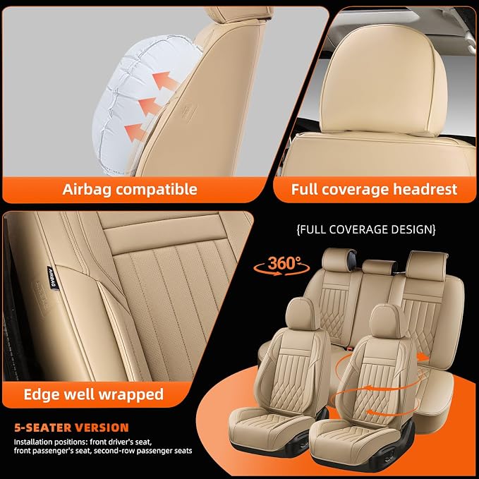 Universal 5-Seater Waterproof Breathable Nappa Leather Car Seat Covers Full Set, Fit for Front Rear Seats, Compatible with Hy-undai Sonata, To-yota Camry, Fo-rd F-150, Fit Most Sedans SUV Beige