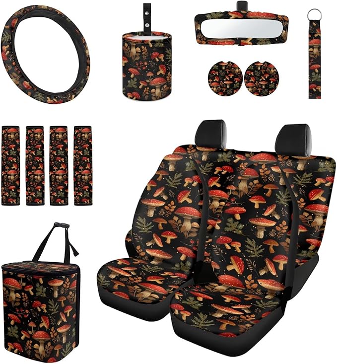 Mushroom Car Seat Covers Set of 15 with Universal Steering Wheel Cover, Rearview Mirror Cover, Car Trash Can, Seatbelt Pads, Cup Holder Coasters, Keychains