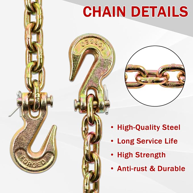 Heavy Duty G80 Transport Binder Chain 5/16'' Inch x 16 Feet,Tow Chain with G70 Clevis Grab Hooks,4900 lbs Safe Working Load Logging for Transporting, Towing(5/16'' x 16FT Yellow).
