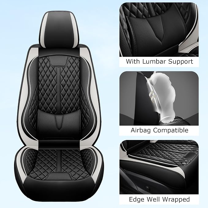 otoez Leather Car Seat Covers Full Set, Breathable Waterproof Nappa Leather Front Rear Car Seat Protectors with Lumbar Support, Universal Automotive Seat Covers for Cars SUV Truck Sedan (Black+White)