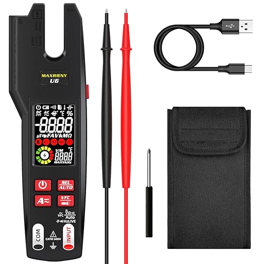Open Jaw Clamp Meter 600A DC AC Current Smart Digital Electrical Multimeter Tester, Infrared Thermometer with Rechargeable Battery, Measures VFC Capacitance Diode Amp Continuity Voltage Ohm