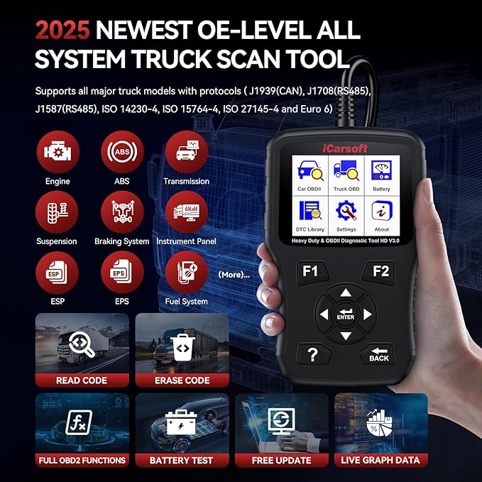 iCarsoft Heavy Duty Truck Scanner HD V3.0 All System Diesel Diagnostic Scan Tool Battery Test Code Reader for Freightliner, Paccar, International, Mack, Volvo, Hino, Isuzu, Cummins Heavy Duty Trucks