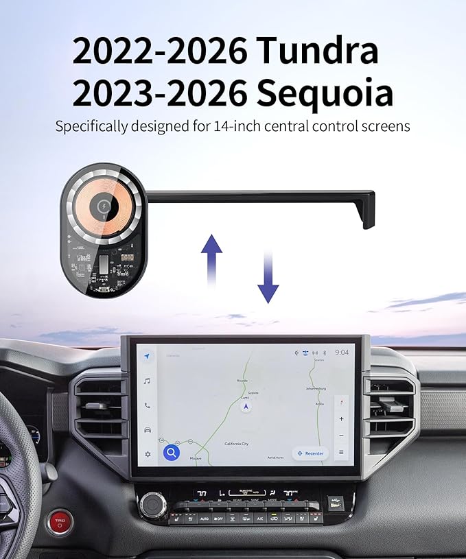 Wireless Charging Car Phone Holder for Toyota Tundra 2022-2026 / Sequoia 2023-2026, 14" Screen Fixed Clip, 360° Rotation Car Phone Mount Compatible with MagSafe