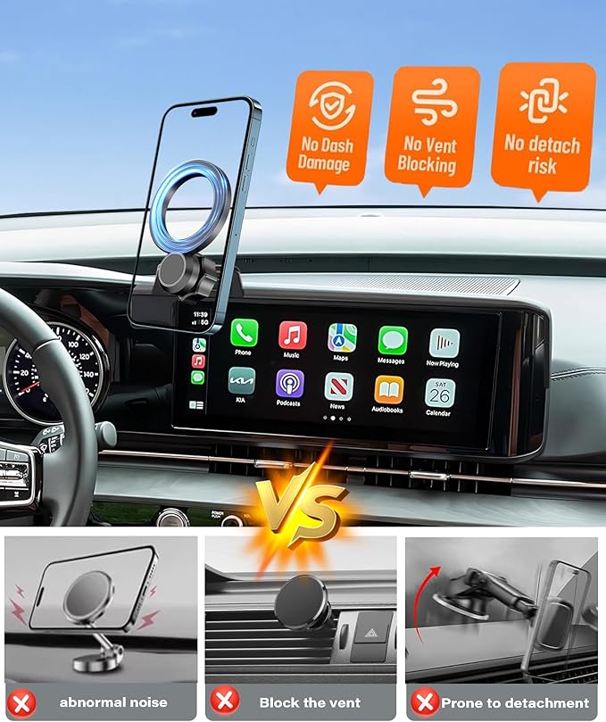 Magnetic Car Phone Mount for 2025 2026 KIA Carnival/Carnival EV Accessories, for MagSafe Strong Magnets Cell Phone Holder 12.3-Inch Screen Cradles, with Portable Phone Gripper 360° Rotation