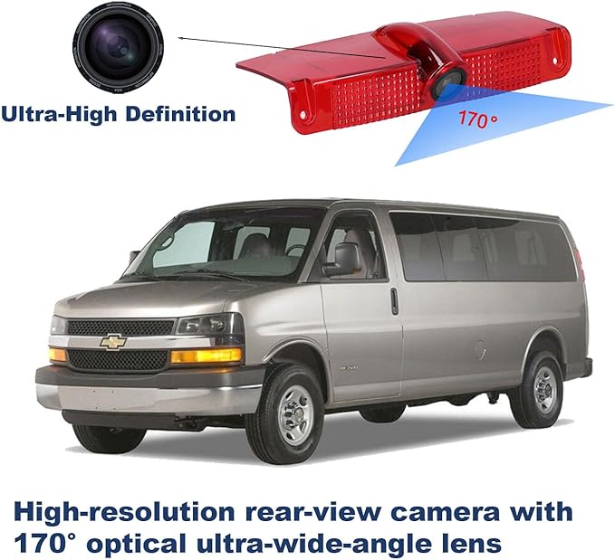 3rd Third Brake Light Backup Camera, Compatible with Chevy Express Van & GMC Savana Van 2003-2017, High Mount Reversing Camera, Night Vision Rear View Camera, Standard AV RCA
