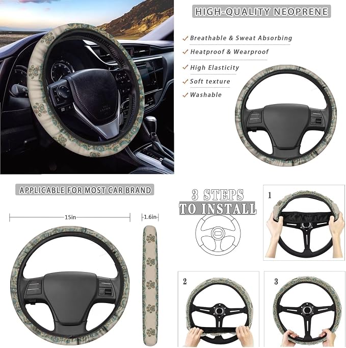 Suobstales Boho Mandala Print Car Accessories for Women Men Dog Paw Seat Covers for Car, Trucks, SUV Full Set Interior Cover Seat Protectors with Steering Wheel Cover,Seat Belt Pads,Coaster,Keychains