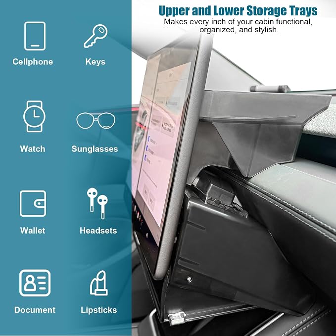 ROCCS Under Screen Storage Box Set Fit for Model Y Juniper & Model 3 Highland, ABS Magnetic Hidden Organizer with Non-Slip Pads,Upper & Lower Console Tray for 2024 2025 2026 Tesla Interior Accessories
