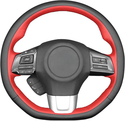 MEWANT Hand-Sewing DIY Black Microfiber Leather (Perforated) + Red Leather Car Steering Wheel Cover for Subaru WRX (STI) 2015-2019 / Levorg 2015-2019/ WRX Steering Wheel Cover Accessories