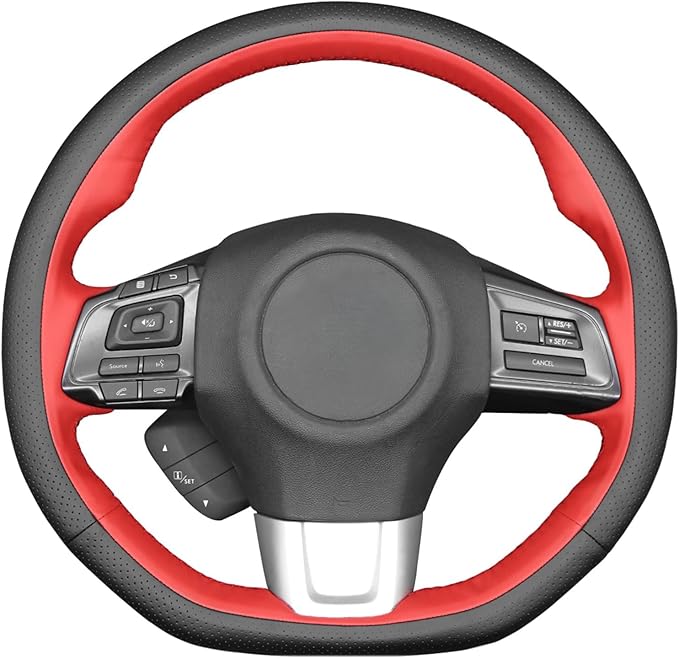 MEWANT Hand-Sewing DIY Black Genuine Leather (Perforated) + Red Leather Car Steering Wheel Cover for Subaru WRX (STI) 2015-2019 / Levorg 2015-2019/ WRX Steering Wheel Cover Accessories